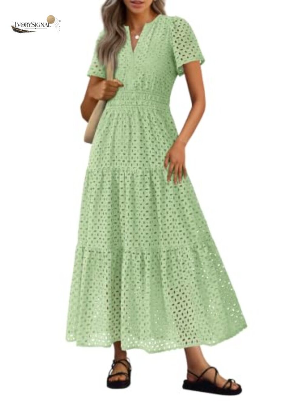 Women's Eyelet Maxi Dress A-Line V-Neck Short Sleeve Flowy Boho Summer